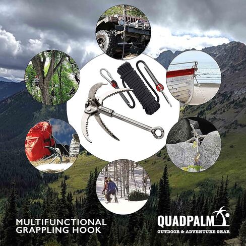 Grappling Hook with 10m Rope – Multifunctional QUADPALM Grapple Hook - 4 Stainless Steel Folding Claws - Heavy Duty - Outdoor Camping Hiking Tree Rock Mountain Climbing Equipment in Kuwait