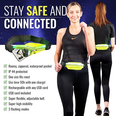AVANTO LED Reflective Running Belt with Zipper Pocket and Reflective Light, Waterproof Phone Carrier for Runners, USB Rechargeable LED Belt, Runners Belt, Reflective Fanny Pack, High Reflective Color in Saudi Arabia
