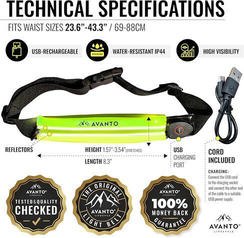 AVANTO LED Reflective Running Belt with Zipper Pocket and Reflective Light, Waterproof Phone Carrier for Runners, USB Rechargeable LED Belt, Runners Belt, Reflective Fanny Pack, High Reflective Color in Saudi Arabia