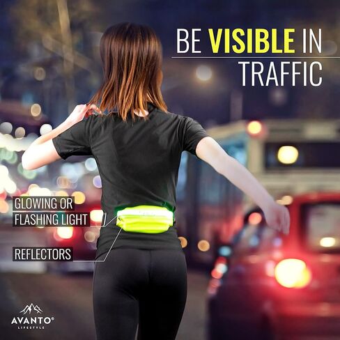 AVANTO LED Reflective Running Belt with Zipper Pocket and Reflective Light, Waterproof Phone Carrier for Runners, USB Rechargeable LED Belt, Runners Belt, Reflective Fanny Pack, High Reflective Color in Saudi Arabia