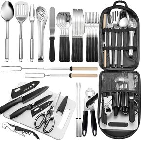 Portable Camping Kitchen Utensil Set-27 Piece Cookware Kit, Stainless Steel Outdoor Cooking and Grilling Utensil Organizer Travel Set Perfect for Travel, Picnics, RVs, Camping, BBQs, Parties and More