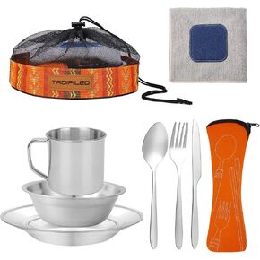 Camping Cutlery Set, 8 Piece Stainless Steel Cutlery Set Including Cutlery Spoons Mug Bowls & Plates Rags, Organizer Straps Easy to Carry for Backpacking, Camping, Hiking and Picnics