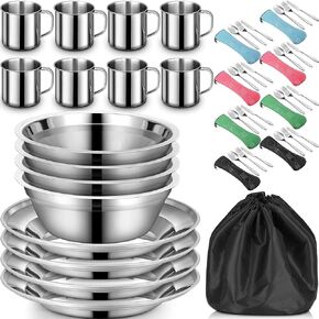 58 Pcs Camping Plates Cups and Bowls Set, Stainless Steel Dishes Mess Kit Utensils Tableware with Spoons Forks Knives Storage Bags for 8 Person Outdoor Camping Backpacking Hiking Travel Picnic in Saudi Arabia