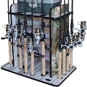 Rush Creek Creations 14 Fishing Rod Rack with 4 Utility Box Storage Capacity & Dual Rod Clips - Features a Sleek Design & Wire Racking System