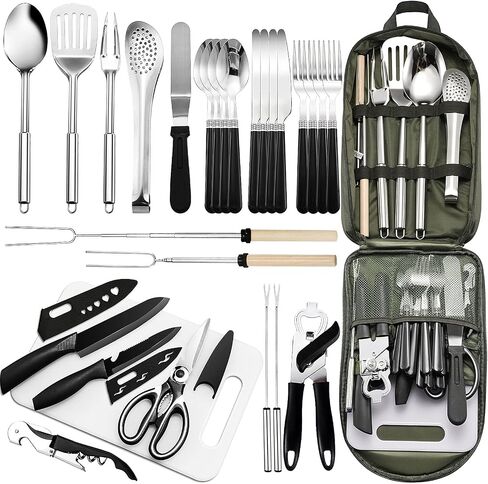 Portable Camping Kitchen Utensil Set-27 Piece Cookware Kit, Stainless Steel Outdoor Cooking and Grilling Utensil Organizer Travel Set Perfect for Travel, Picnics, RVs, Camping, BBQs, Parties and More in Kuwait