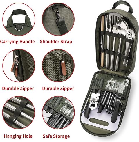 Portable Camping Kitchen Utensil Set-27 Piece Cookware Kit, Stainless Steel Outdoor Cooking and Grilling Utensil Organizer Travel Set Perfect for Travel, Picnics, RVs, Camping, BBQs, Parties and More in Kuwait