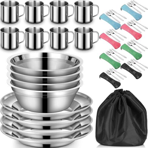 58 Pcs Camping Plates Cups and Bowls Set, Stainless Steel Dishes Mess Kit Utensils Tableware with Spoons Forks Knives Storage Bags for 8 Person Outdoor Camping Backpacking Hiking Travel Picnic in Saudi Arabia