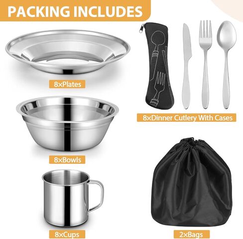 58 Pcs Camping Plates Cups and Bowls Set, Stainless Steel Dishes Mess Kit Utensils Tableware with Spoons Forks Knives Storage Bags for 8 Person Outdoor Camping Backpacking Hiking Travel Picnic in Saudi Arabia