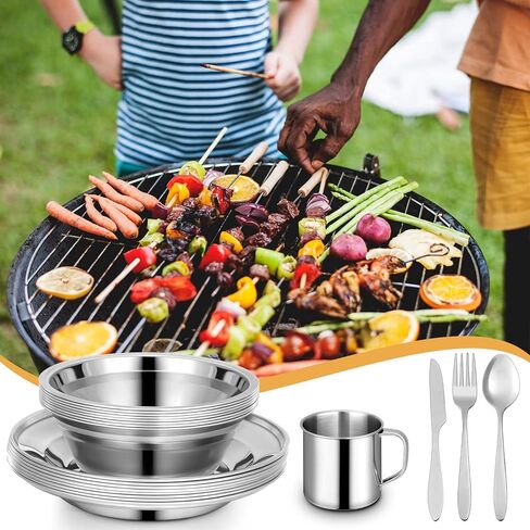 58 Pcs Camping Plates Cups and Bowls Set, Stainless Steel Dishes Mess Kit Utensils Tableware with Spoons Forks Knives Storage Bags for 8 Person Outdoor Camping Backpacking Hiking Travel Picnic in Saudi Arabia