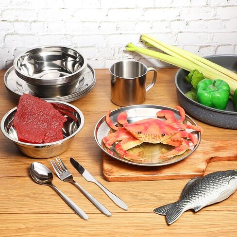 58 Pcs Camping Plates Cups and Bowls Set, Stainless Steel Dishes Mess Kit Utensils Tableware with Spoons Forks Knives Storage Bags for 8 Person Outdoor Camping Backpacking Hiking Travel Picnic in Saudi Arabia