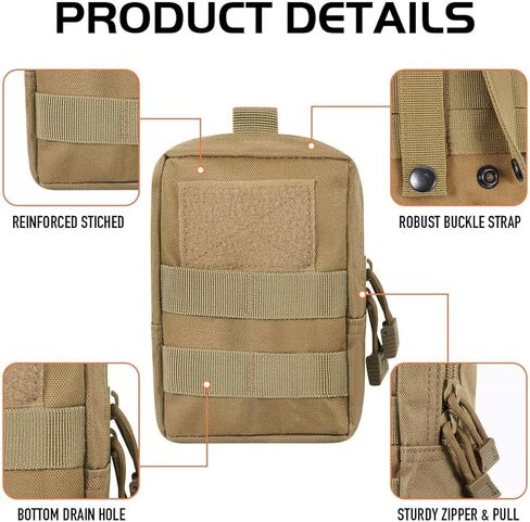 الحقيبة التكتيكية RubRab Molle للأحزمة والسترات وحقائب الظهر وملحقات معدات المرافق وحقيبة الجيب والمشي لمسافات طويلة في الهواء الطلق مع رقعة علم الولايات المتحدة الأمريكية مجانًا (حقيبة عادية، بنية) in Kuwait