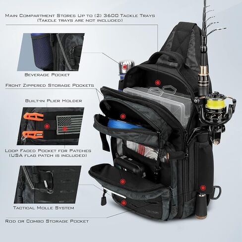 KastKing Blowbak Fishing Sling Bag, Fishing Backpack with Rod Holder | Fishing Bag Storge Fishing Gear, Gift for Men, Molle System, Water-Resistant Material in Kuwait