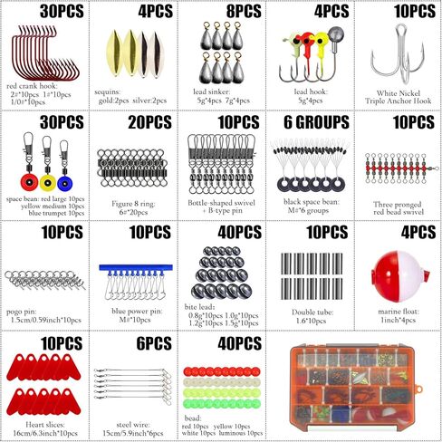 مجموعة إكسسوارات صيد 263 قطعة، مجموعة أدوات محطة الصيد مع مغارعين أوزان صيد الأسماك، خطافات رقصة، مشبك دوار دوار، عوام، خرز، معدات صيد مع صندوق معالجة للمياه المالحة in Kuwait