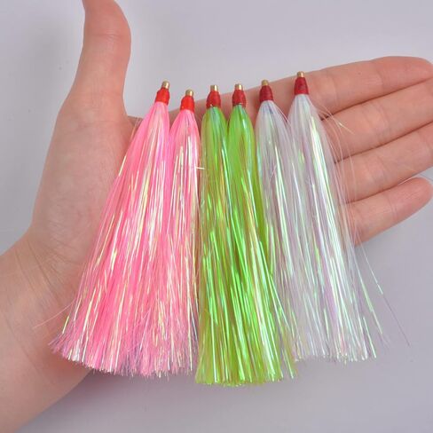 Fishing Teasers,12/18pcs Saltwater Bucktail Teasers Mylar Flash Teaser Tail Trolling Skirt Lures for Flounder Rigs Saltwater Fishing Lures Plugs 3 Colors in Kuwait
