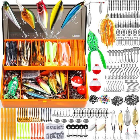 PLUSINNO Fishing Lures Tackle Box - Compact Fishing Gear for Bass Trout | Tackle Included, All-in-One Kit, Fishing Essential Gift for Men Beginner Starters, 12 Rigs, for Freshwater Topwater Lake in Kuwait