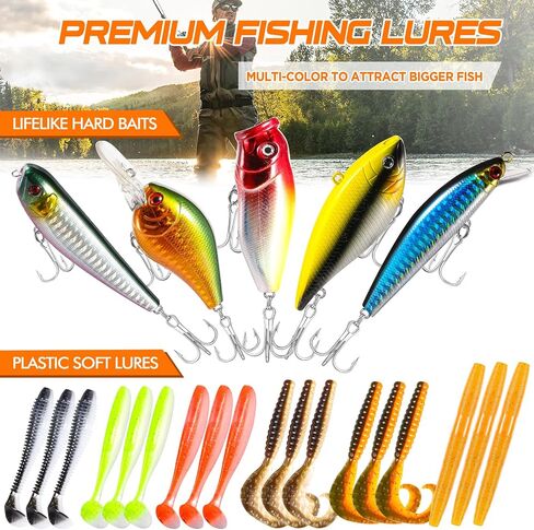 PLUSINNO Fishing Lures Tackle Box - Compact Fishing Gear for Bass Trout | Tackle Included, All-in-One Kit, Fishing Essential Gift for Men Beginner Starters, 12 Rigs, for Freshwater Topwater Lake in Kuwait