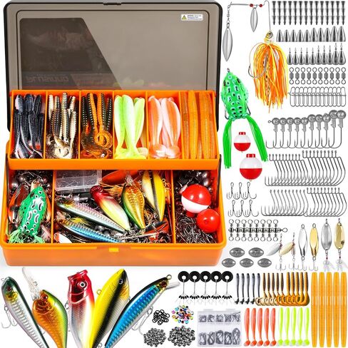 PLUSINNO Fishing Lures Tackle Box - Compact Fishing Gear for Bass Trout | Tackle Included, All-in-One Kit, Fishing Essential Gift for Men Beginner Starters, 12 Rigs, for Freshwater Topwater Lake in Kuwait