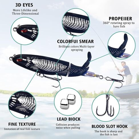 Topwater Fishing Lures With Storage Box, Whopper Popper for Bass, Catfish, Pike, Perch - Floating Pencil Bait With Rotating Tail for Freshwater or Saltwater in Kuwait