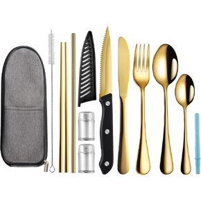 Portable Travel Utensils Set,Reusable Camping Cutlery Set,Stainless Steel Flatware Set with Case,Lunch Boxes Workplace Camping School Picnic (Black)