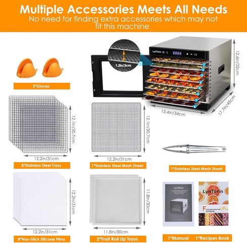 مجفف الطعام لينتورين، ماكينة تجفيف الطعام بقوة 700 وات 8 صواني مع درجة حرارة قابلة للتعديل من 95 إلى 167 درجة فهرنهايت ومؤقت 24 ساعة، مساحة تجفيف كبيرة تبلغ 8.2 قدم مربع، آلة تجفيف طعام كبيرة للوجبات الخفيفة من الفواكه والخضروات والأعشاب المتشنجة، مع 8 صو in Kuwait