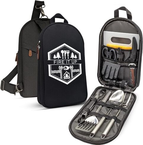 BOMKI Grilling and Camping Cooking Utensils Set for The Outdoors BBQ - Camping Utensil Set Kitchen Set Cookware Accessories Glamping Essentials Camp Stuff Camp Cooking Set (Black Pro) in Kuwait