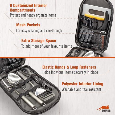 BOMKI Grilling and Camping Cooking Utensils Set for The Outdoors BBQ - Camping Utensil Set Kitchen Set Cookware Accessories Glamping Essentials Camp Stuff Camp Cooking Set (Black Pro) in Kuwait