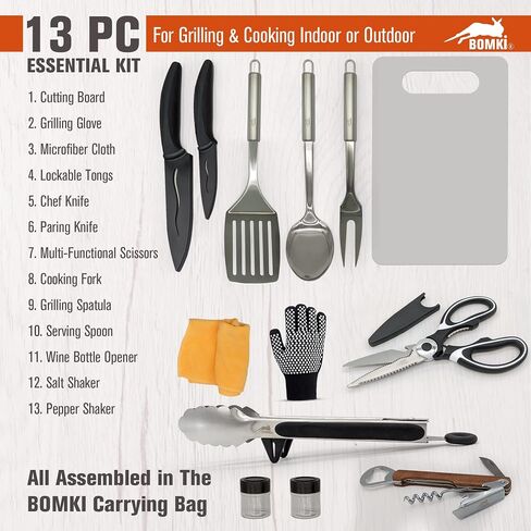 BOMKI Grilling and Camping Cooking Utensils Set for The Outdoors BBQ - Camping Utensil Set Kitchen Set Cookware Accessories Glamping Essentials Camp Stuff Camp Cooking Set (Black Pro) in Kuwait