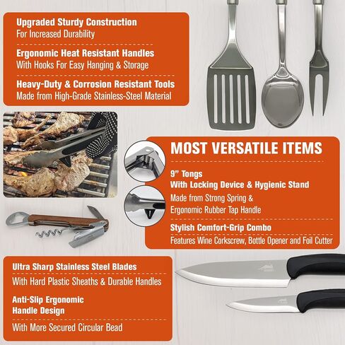 BOMKI Grilling and Camping Cooking Utensils Set for The Outdoors BBQ - Camping Utensil Set Kitchen Set Cookware Accessories Glamping Essentials Camp Stuff Camp Cooking Set (Black Pro) in Kuwait