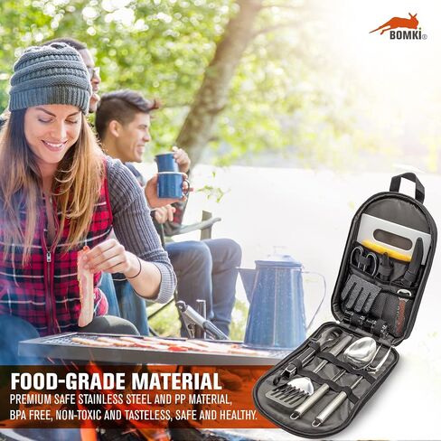 BOMKI Grilling and Camping Cooking Utensils Set for The Outdoors BBQ - Camping Utensil Set Kitchen Set Cookware Accessories Glamping Essentials Camp Stuff Camp Cooking Set (Black Pro) in Kuwait