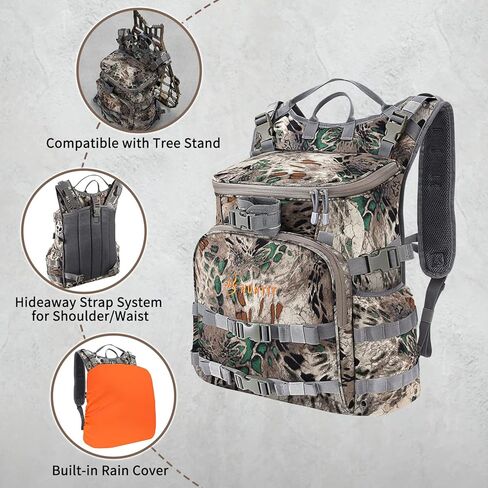 حقيبة ظهر للصيد من HUNTIT لصيد القوس، حقيبة ظهر مموهة للصيد، حقيبة صيد 37 لتر مع غطاء مطر مقاوم للماء، متوافقة مع حامل شجرة بندقية القوس، حزمة يومية متينة للصيد in Kuwait
