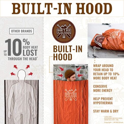 Don’t Die in The Woods – Emergency Sleeping Bag with Hood | Ultralight – Waterproof – Extra Thick – Space Blanket Thermal Mylar for Hiking Camping Survival Gear First Aid Kit Essentials in Kuwait
