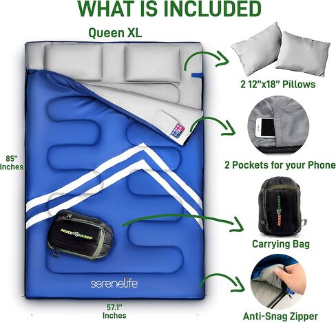 Backpacking Sleeping Bag Camping Gear - Double Sleeping Bag for Adults/Teens w/ 2 Pillows, Bag - Outdoor Lightweight Weather Proof Sleeping Bags - Camping, Hiking - SereneLife in Saudi Arabia