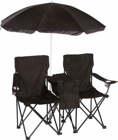 Trademark Innovations Double Folding Camp and Beach Chair with Removable Umbrella and Cooler, Black in Saudi Arabia