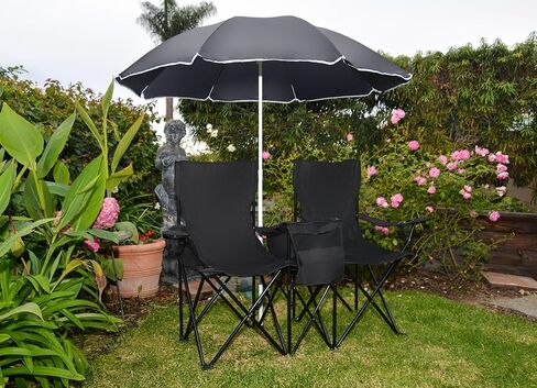 Trademark Innovations Double Folding Camp and Beach Chair with Removable Umbrella and Cooler, Black in Saudi Arabia