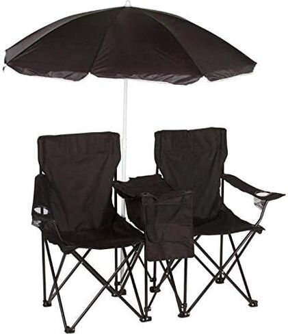 Trademark Innovations Double Folding Camp and Beach Chair with Removable Umbrella and Cooler, Black in Saudi Arabia