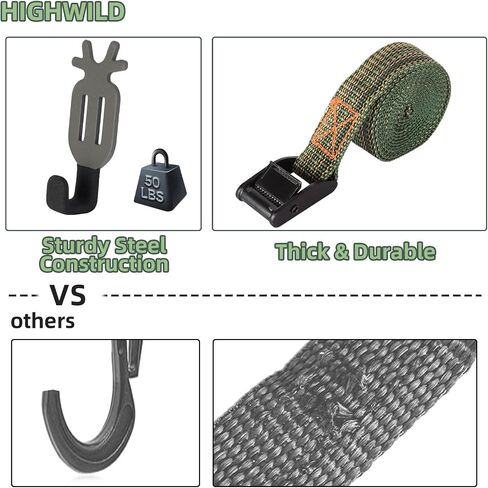 Highwild Treestand Strap Gear Hangers for Hunting Gears Bow - Multi-Hook Accessory Holder - NO Plastic Parts - ON Your Tree in Seconds - 5 Hooks Set in Kuwait