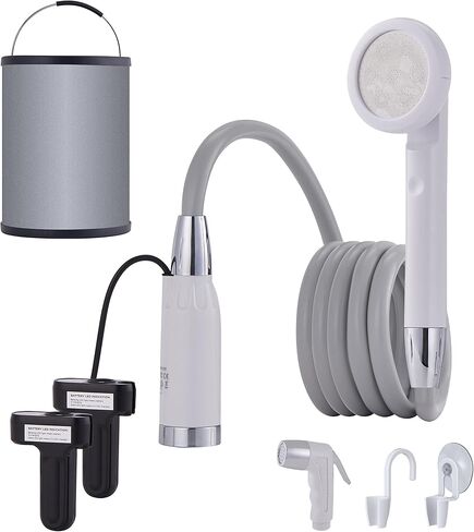 I فيشين مجموعة دش محمولة للتخييم | مجموعة حمام خارجية مدمجة الكل في واحد مع راس دش قابل للامالة وخرطوم بطول 6 قدم وبخاخ بيديه قابل للفصل ودلو ماء قابل للطي وحقيبة حمل و2 بطارية وشاحن in Kuwait