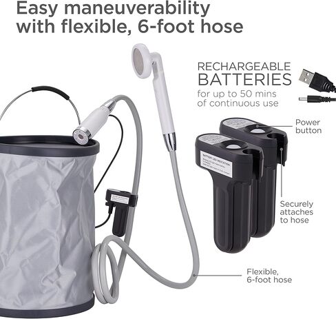 I فيشين مجموعة دش محمولة للتخييم | مجموعة حمام خارجية مدمجة الكل في واحد مع راس دش قابل للامالة وخرطوم بطول 6 قدم وبخاخ بيديه قابل للفصل ودلو ماء قابل للطي وحقيبة حمل و2 بطارية وشاحن in Kuwait