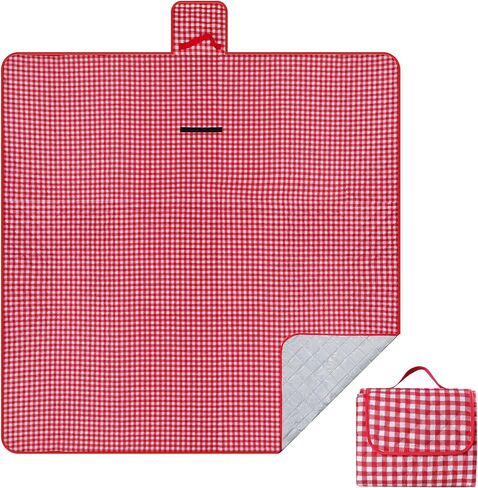 Outplea 79"x79" Extra Large Picnic Blankets Waterproof Foldable, Gingham 3 Layers Washable Oversized Outdoor Blanket Mat for Grass Camping Beach, Red White Grid in Saudi Arabia