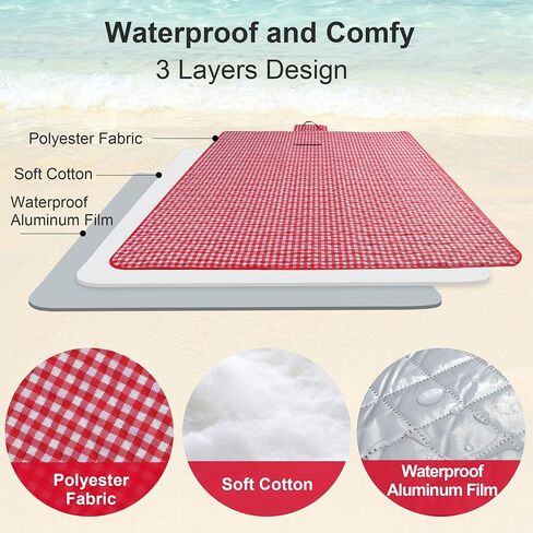 Outplea 79"x79" Extra Large Picnic Blankets Waterproof Foldable, Gingham 3 Layers Washable Oversized Outdoor Blanket Mat for Grass Camping Beach, Red White Grid in Saudi Arabia