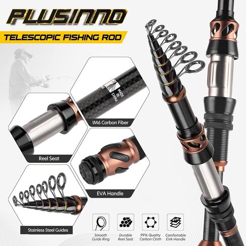 PLUSINNO Fishing Rod and Reel Combos - Carbon Fiber Telescopic Fishing Pole - Spinning Reel 12 +1 Shielded Bearings Stainless Steel BB in Saudi Arabia