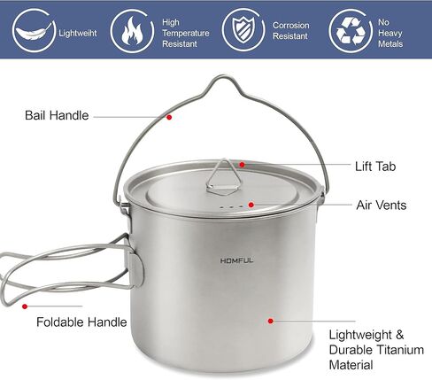 HOMFUL التيتانيوم أواني الطبخ 450 مل/750 مل/1100 مل/420 مل كأس التخييم مع غطاء طبخ القدح التيتانيوم الرياضة الطبخ التخييم وعاء مع حقيبة شبكة للتخييم والمشي لمسافات طويلة in Kuwait