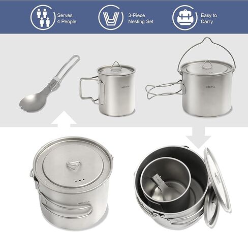 HOMFUL التيتانيوم أواني الطبخ 450 مل/750 مل/1100 مل/420 مل كأس التخييم مع غطاء طبخ القدح التيتانيوم الرياضة الطبخ التخييم وعاء مع حقيبة شبكة للتخييم والمشي لمسافات طويلة in Kuwait