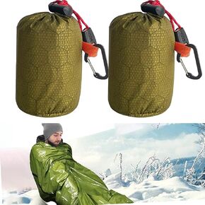 Socpuro Emergency Survival Sleeping Bag 2 Pack Ultralight Waterproof Thermal Bivy Sack Portable Survival Shelter Blanket Bags with Whistle and Carabiner for Camping Hiking Adventure (Green)