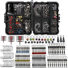 Fishing Accessories Kit with Hooks Bass Casting Sinkers Fishing Swivels Snaps Sinker Slides Fishing Line Beads Fishing Set with Tackle Box Lanyard