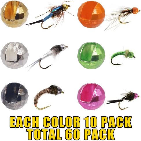 XFISHMAN Tungsten-Slot-Beads-Fly-Tying-Beads-Heads-Assortment Fly Tying Materials Nymph for Fly Fishing Diamond Faceted Slotted Beads 60 Pack in Saudi Arabia