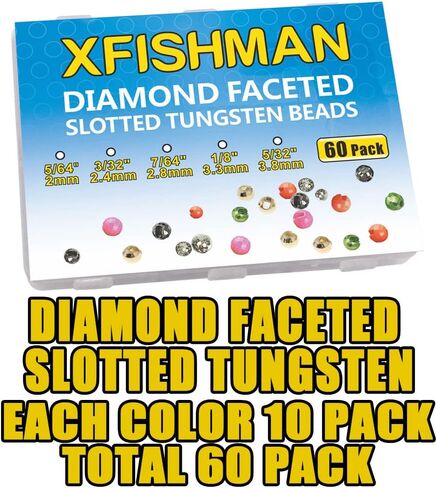 XFISHMAN Tungsten-Slot-Beads-Fly-Tying-Beads-Heads-Assortment Fly Tying Materials Nymph for Fly Fishing Diamond Faceted Slotted Beads 60 Pack in Saudi Arabia