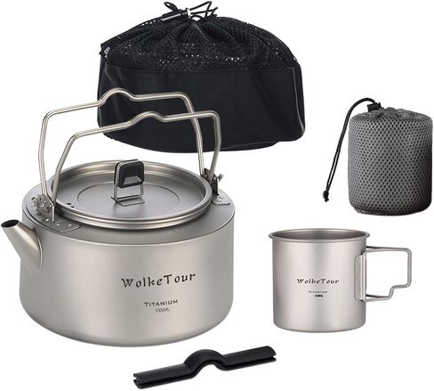 WolkeTour Titanium Mug 320ml & Kettle 1.0L with Foldable Handle Filter Ultralight Portable Teapot, Big Capacity Pot for Boiling Water Coffee Tea, for Outdoor Camping Hiking in Saudi Arabia