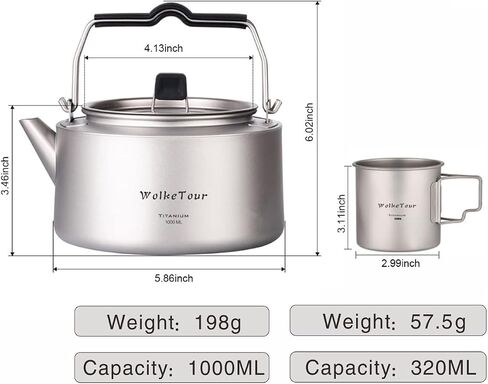 WolkeTour Titanium Mug 320ml & Kettle 1.0L with Foldable Handle Filter Ultralight Portable Teapot, Big Capacity Pot for Boiling Water Coffee Tea, for Outdoor Camping Hiking in Saudi Arabia