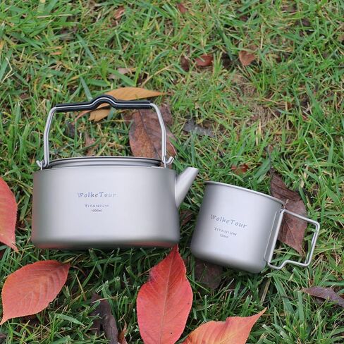 WolkeTour Titanium Mug 320ml & Kettle 1.0L with Foldable Handle Filter Ultralight Portable Teapot, Big Capacity Pot for Boiling Water Coffee Tea, for Outdoor Camping Hiking in Saudi Arabia